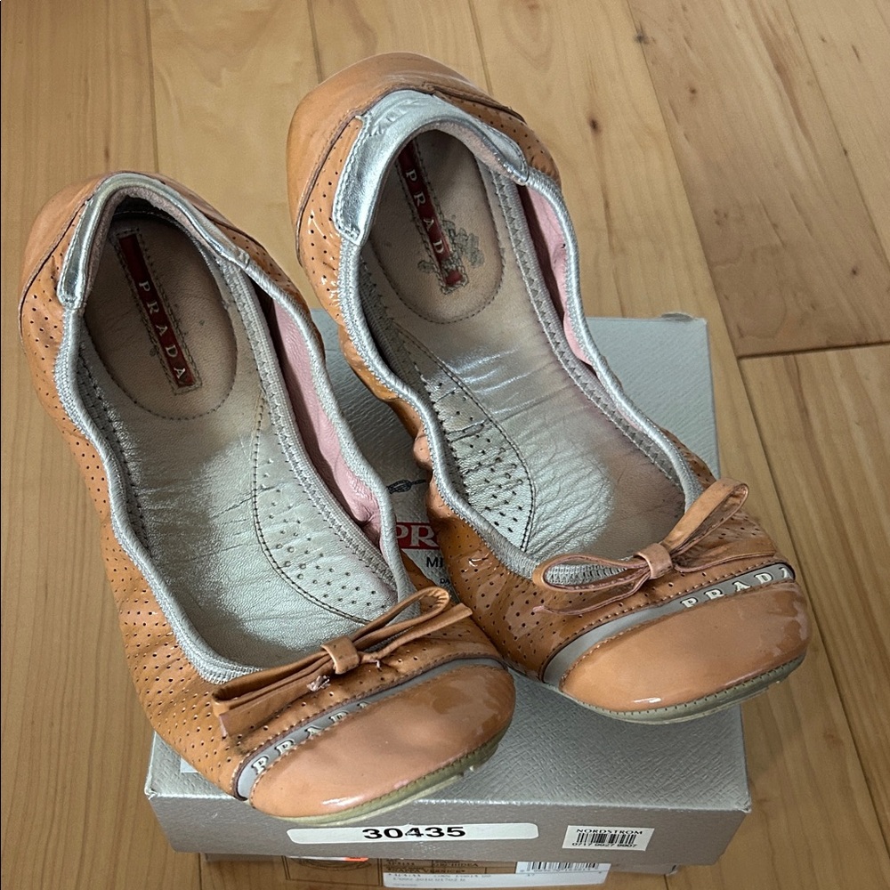 Prada Women's Tan and Silver Ballet Flats